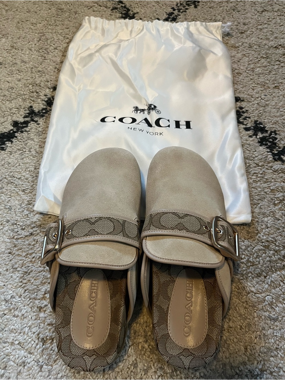 Coach Beige Suede & Monogram Buckle Slide Mules